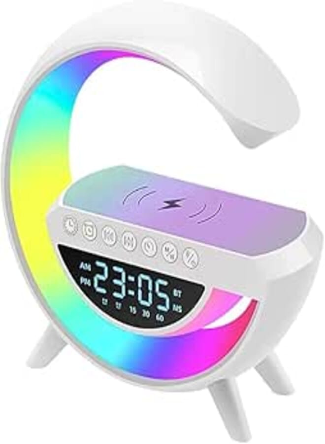 ADHOMAX 3 in 1 Illuminated G Shape Smart Wireless Charger Table Lamp technology RGB 6 Color, portable Bluetooth Speaker with Smart Mood Light for Bedroom, Clock Alarm, 15w, radio, Calls, Decor, Gift